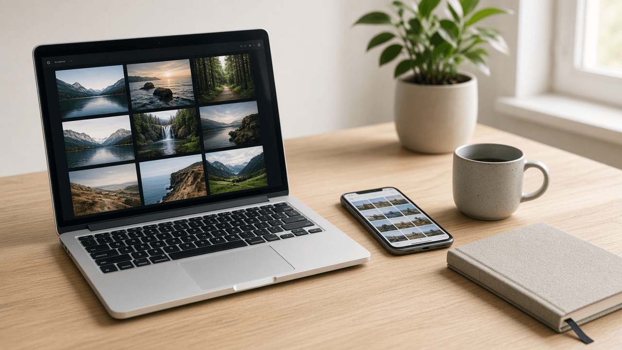 Laptop and phone on a desk showing photo galleries for HEIC to JPG conversion