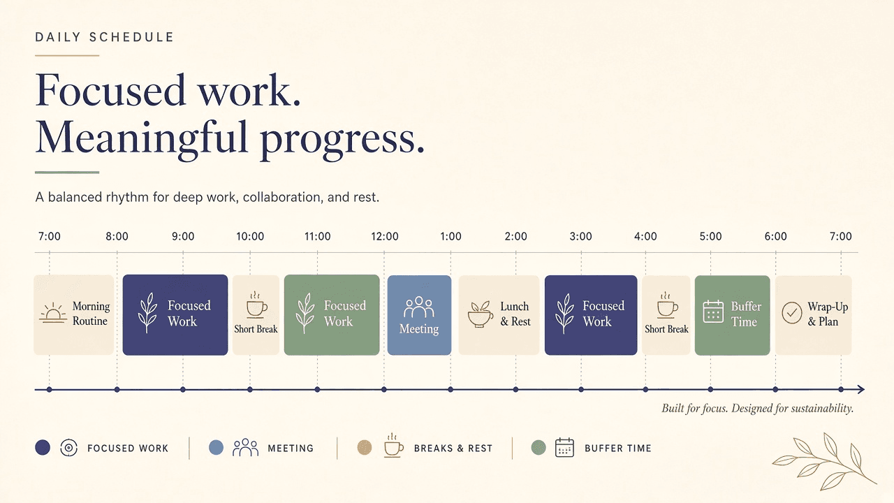 Example daily plan organized into focused work, meetings, breaks, and buffer time