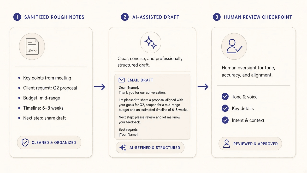 Workflow diagram from sanitized notes through AI draft to human review