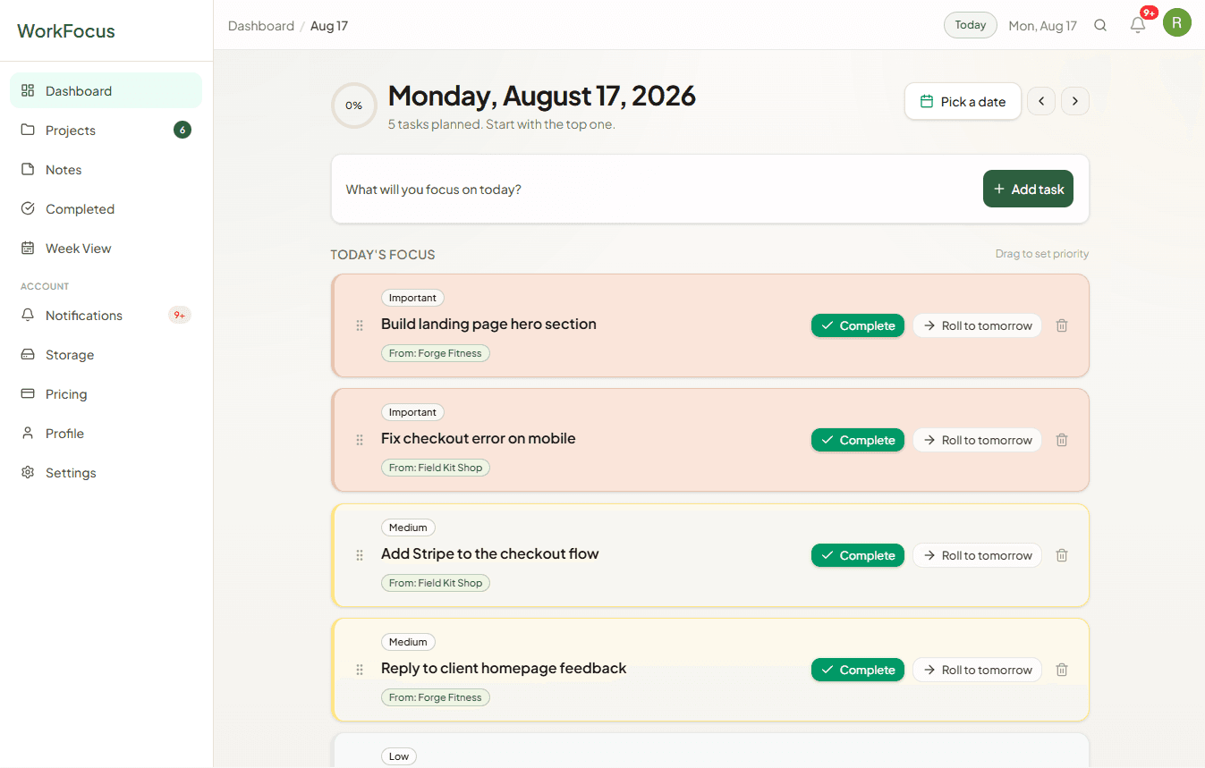 WorkFocus daily focus view with prioritized task list