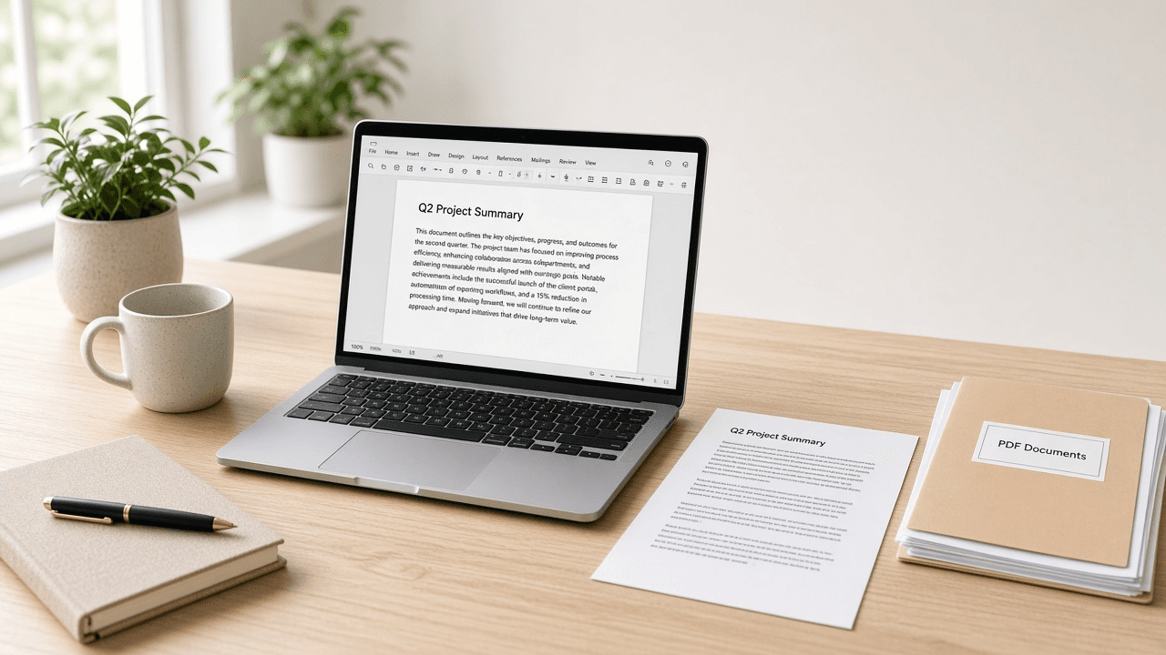 Laptop on a desk showing an editable document next to printed papers for PDF to Word conversion