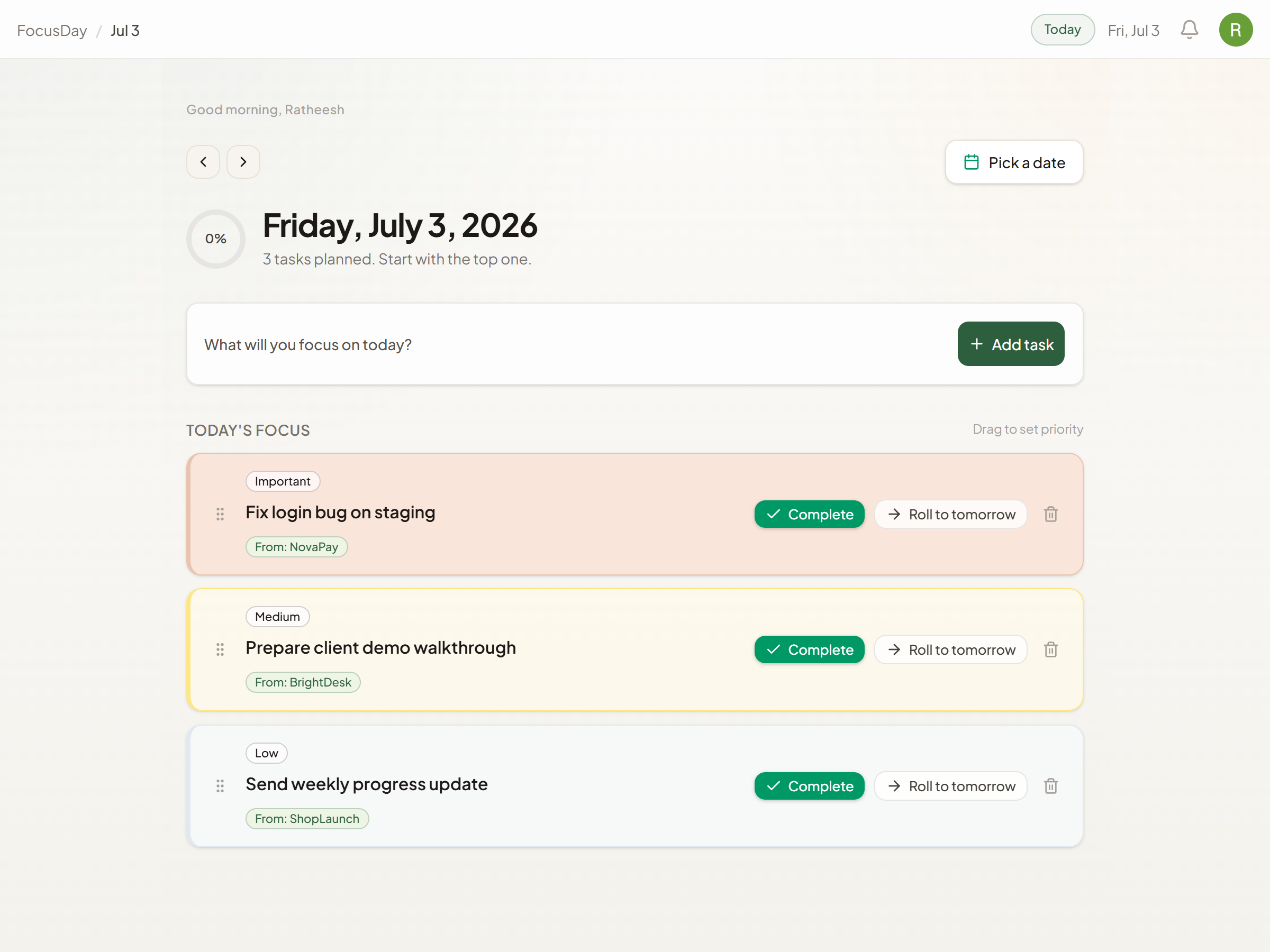 WorkFocus daily focus view with prioritized task list