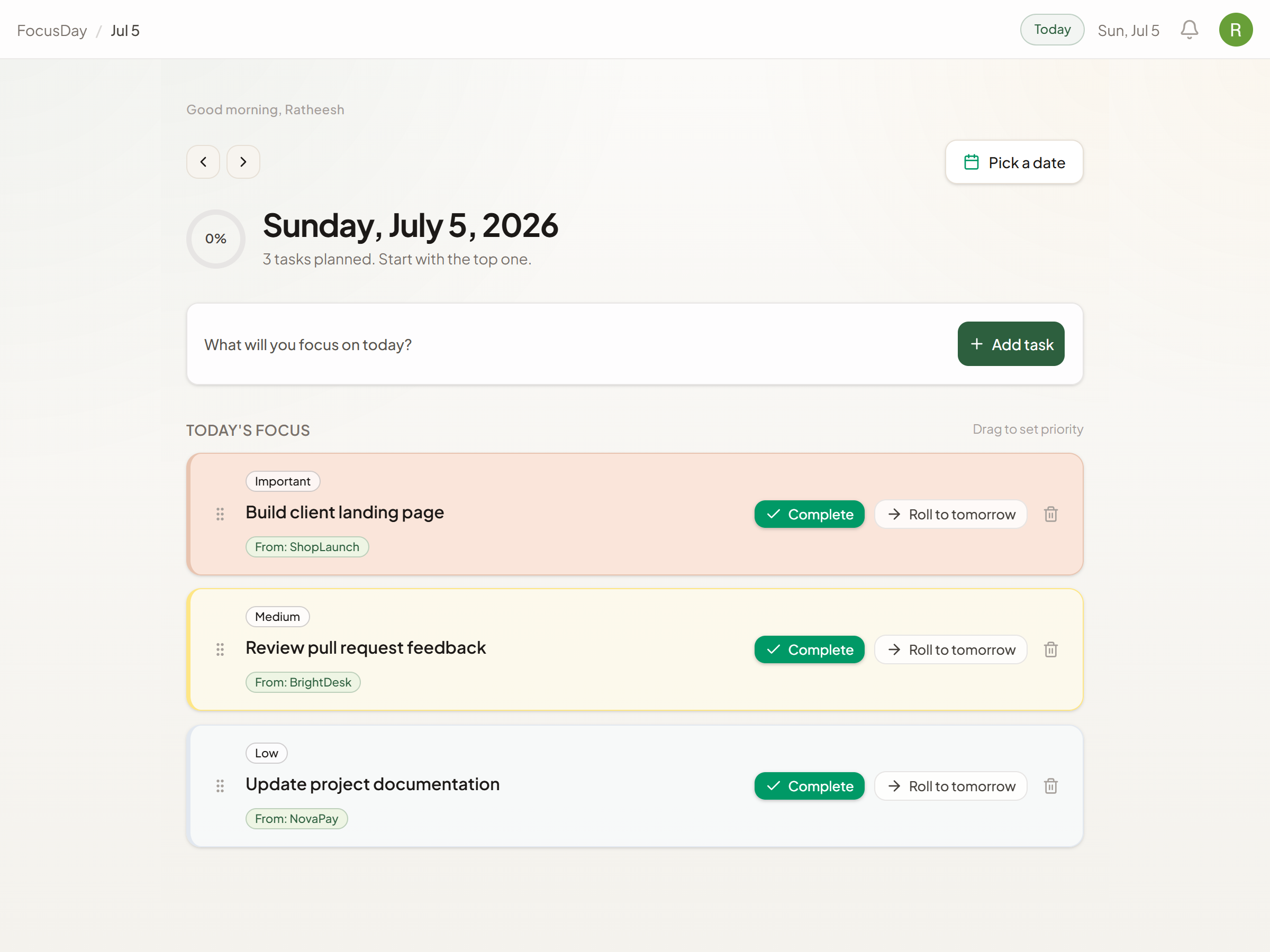 WorkFocus daily task planner dashboard for freelance developers