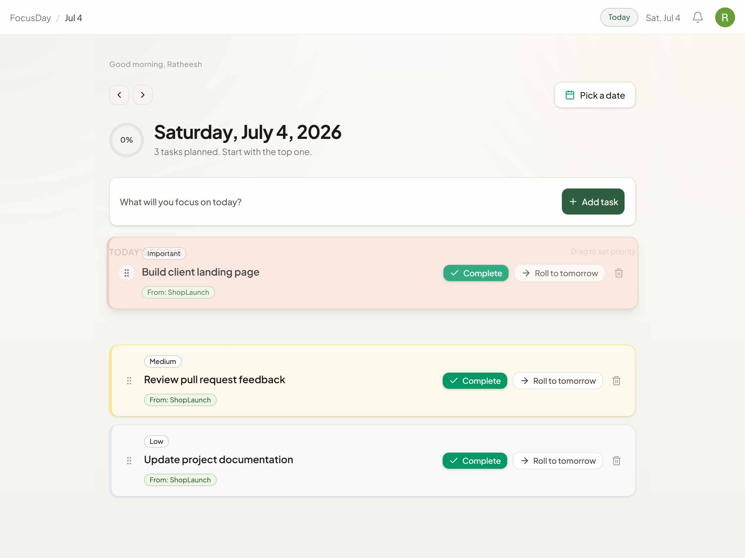 WorkFocus daily dashboard