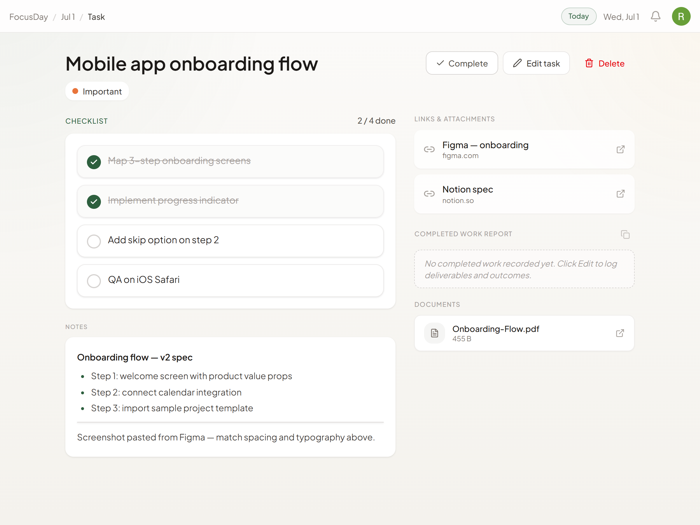WorkFocus task workspace with notes and checklist